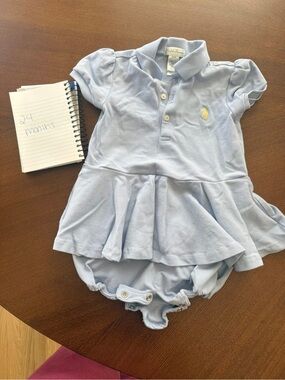 Ralph Lauren Baby Girls Light Blue Polo Dress Romper with Yellow Pony